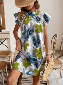 Breezaya Women Fashionable Floral Print Ruffled Sleeve Dress Vacation Beach Outfit - Multicolor - View 3