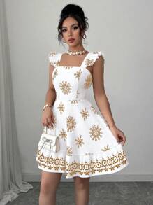 Elenzga 女式印花褶饰腰后蝴蝶结度假休闲通勤短袖迷你连衣裙 - 卡其色 - 查看 3