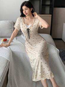 DAZY Mixed Color Polka Dot Print Bow Decor 2 In 1 Nightgown Pajama