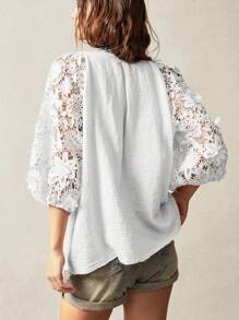 Bohemela Women's White Woven Casual Blouse With Scoop Neck, Half Sleeves, And Contrast Lace Detailing - White - View 7