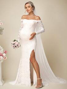 SHEIN Elegant Pregnant Off Shoulder Solid Color Lace High Slit Mermaid Wedding Dress With Train, Elegant Maternity Dress