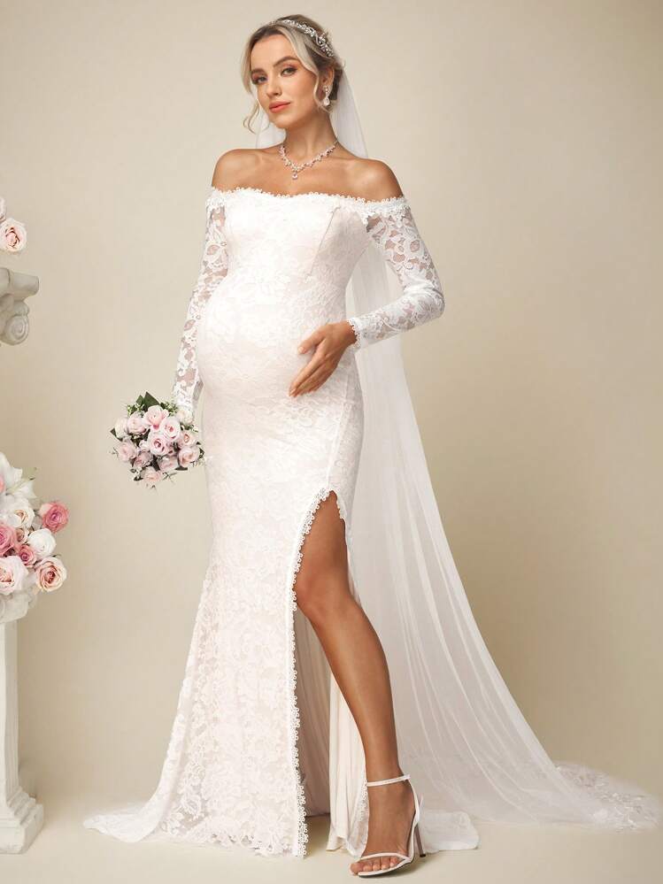 SHEIN Elegant Pregnant Off Shoulder Solid Color Lace High Slit Mermaid Wedding Dress With Train, Elegant Maternity Dress - White - View 1