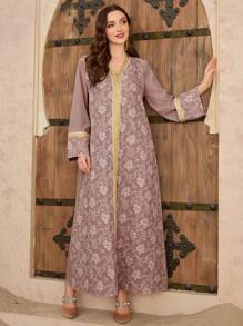 Al Najma Women's V-Neck Jacquard Textured Modest Elegant Turkish & Arabic Style Maxi Dress, Spring/Summer, Kaftan - Dusty Pink - View 3