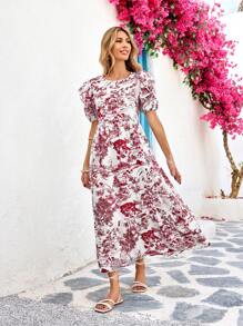 SHEIN VCAY Gewebtes Muster Kurzarm figurbetontes mittellanges Kleid für Frauen