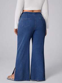 SHEIN Unity Pantalones vaqueros anchos con cintura elástica y cordón para mujer talla grande, para otoño y festivales - Azul - Ver 2