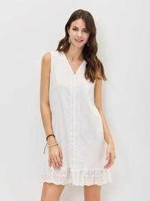 Miaspire Ladies' Casual Solid Color White Dress With Lace Embroidery Decoration On Neckline And Hem - White - View 7