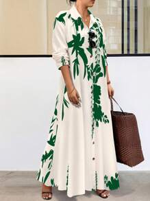 Calvaya Plus Size Women Casual Floral Print Loose Shirt Dress, Spring/Autumn Maxi Women Outfit - Dark Green - View 1