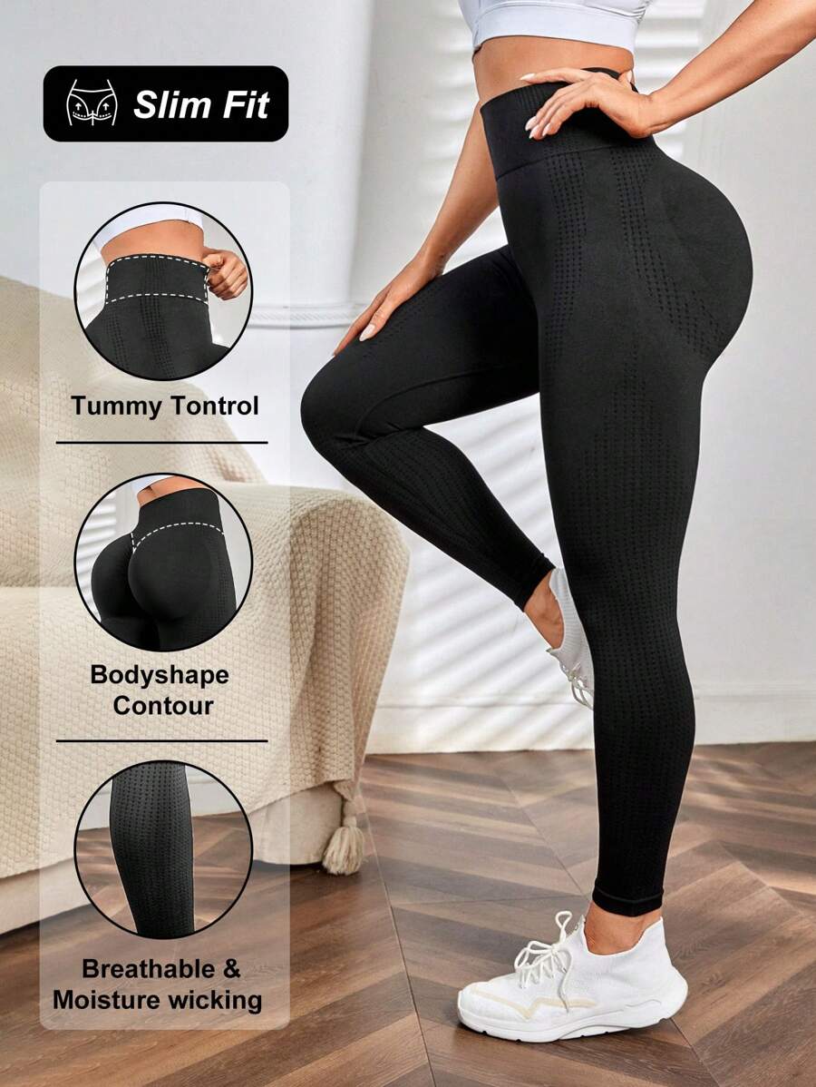 Seamluxe SHEIN Sport Quần bó yoga liền mạch Bong bóng co giãn cao mông Đẩy lên Xà cạp tập thể dục kiểm soát bụng - màu đen - Xem 1