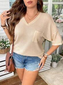 SHEIN LUNE Plus Size Casual Soft Textured Waffle Loose Fit Short Sleeve T-Shirt Old Money Style Women Brunch Outfits For Women Airport Outfit Cowgirl Summer Outfits For Women Graduation Spring Women Summer Clothes Graduation Easter Outfit Women Spring Summer Clothes Vacation Bohemia Easter Outfit Women