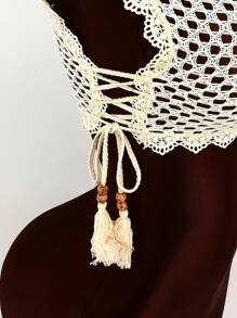 Amplova 波西米亚风度假海滩度假夏季女士度假蕾丝边透明钩针系带女式衬衫，透视上衣