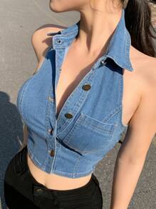 DAZY Women's Summer Halter Neck Open Front Sleeveless Casual Denim Shirt, Sexy & Minimalist - Medium Wash - View 9