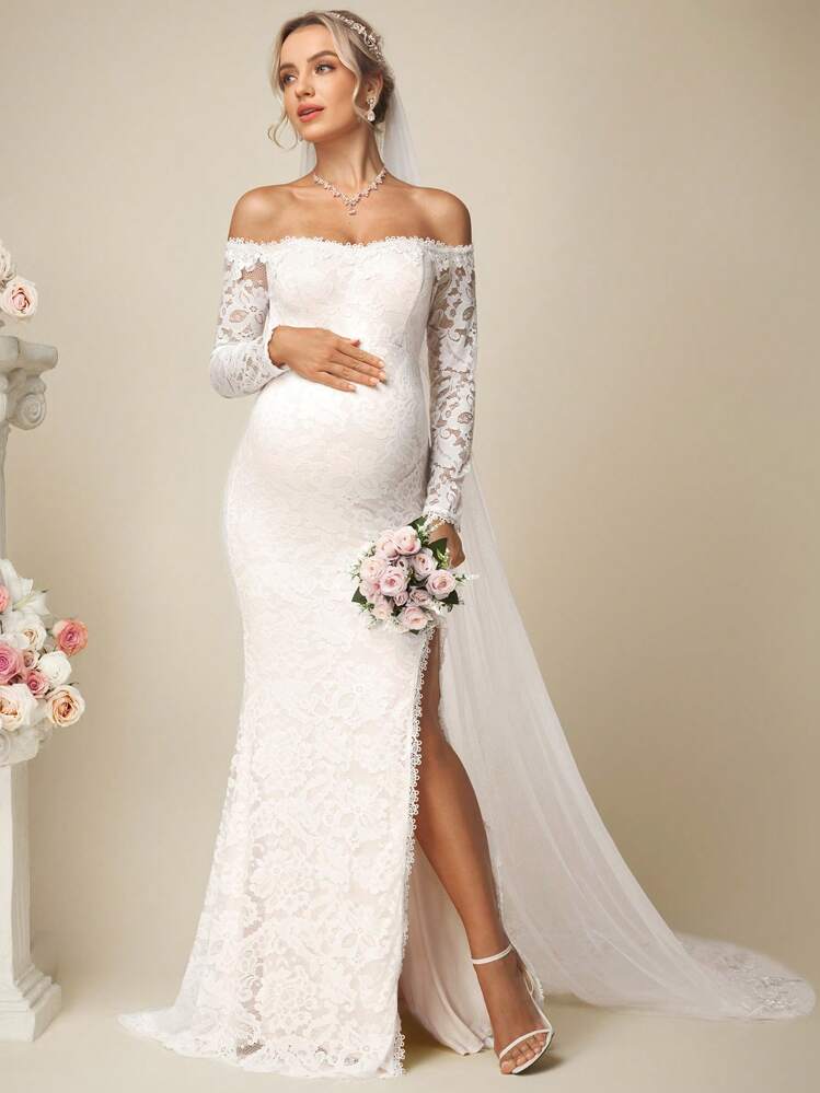 SHEIN Elegant Pregnant Off Shoulder Solid Color Lace High Slit Mermaid Wedding Dress With Train, Elegant Maternity Dress - White - View 5