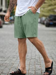 Manfinity RSRT Men's Plus Size Solid Color Drawstring Shorts With Pockets Summer Casual Linen Knee Plain Men Summer Shorts