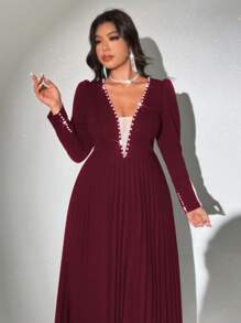 Viva Relle Plus Size Women Elegant & Romantic V-Neck Long Sleeve Pearl Decor Pleated Dress,Valentine Fall Cloth For Women - Burgundy - View 3