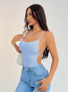 SHEIN PETITE Women's Black Knitted Backless Strap Bodysuit - Baby Blue - View 3
