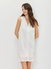 Miaspire Ladies' Casual Solid Color White Dress With Lace Embroidery Decoration On Neckline And Hem - White - View 8