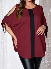 EMERY ROSE Plus Size Valentine Day Women Contrast Trim Off Shoulder Drawstring Short Sleeve Casual T-Shirt,Spring/Summer - Burgundy - View 3