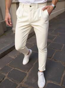 Manfinity Bizformal Quần âu ống đứng cài nút túi trơn cho nam màu trắng - Màu be - Xem 5