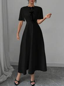 Rafferiza Elegant Color-Block Bow Decor Round Neck Waist Cinched Short Sleeve Solid Color Dress, Women Spring/Fall Long Dress - Black - View 6