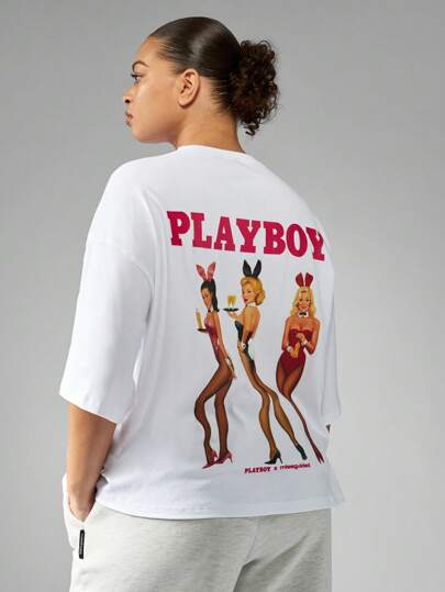 MISSGUIDED PLUS x Playboy Áo thun in hình thỏ cỡ lớn phong cách retro, in hình pin-up, cotton cỡ lớn, thường ngày, lễ hội mùa hè