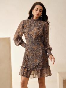 Anewsta 浪漫假日黑白荷叶边下摆宽松女式连衣裙，适合春季、夏季、节日、情人节、优雅、派对、复活节 - 棕色 - 查看 6