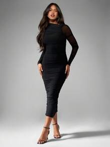 MISSGUIDED Elegant Mesh Long Sleeve Ruched Bodycon Midi Dress Party Evening Special Occasion Form-Fitting Fall Winter Dress - Black - View 1