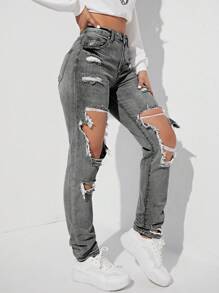 SHEIN EZwear Women's Light Grey Ripped Jeans: Casual Long Denim Pants With Zipper Detail And Distressed Design - Light Grey - View 3