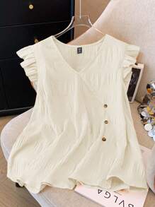 SHEIN LUNE Women Plus Size Solid Color V-Neck Cap Sleeve Button Design Casual Shirt - Beige - View 1