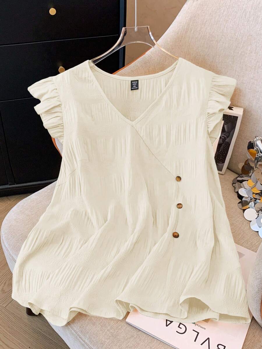 SHEIN LUNE Women Plus Size Solid Color V-Neck Cap Sleeve Button Design Casual Shirt - Beige - View 1