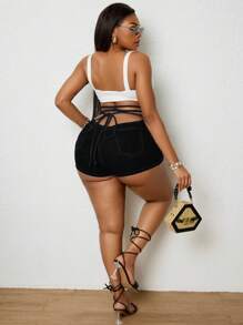 SHEIN SXY 大码女式波西米亚风弹力性感系带牛仔短裤 - 黑色 - 查看 4