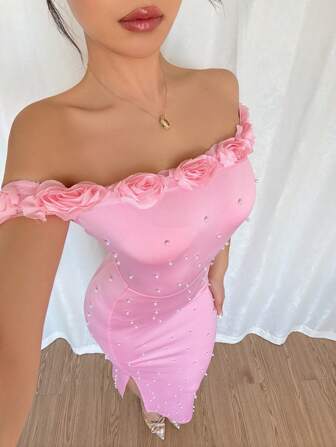 Elenzga Elegant 3D Flower & Faux Pearl Embellished Off Shoulder Klänning för kvinnor