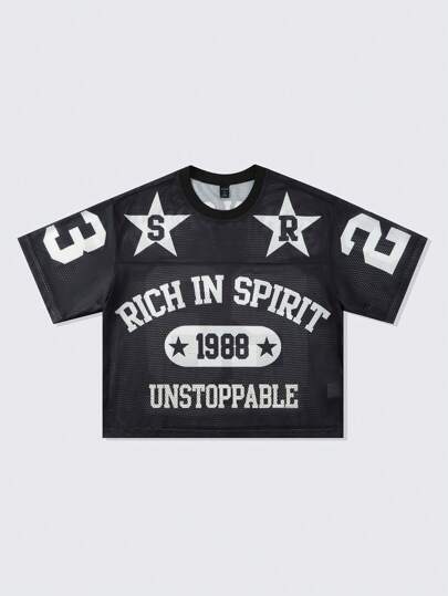 Prep Herren Jersey Mesh T-Shirt mit Buchstaben-Muster, Athletik Trikot, Rave