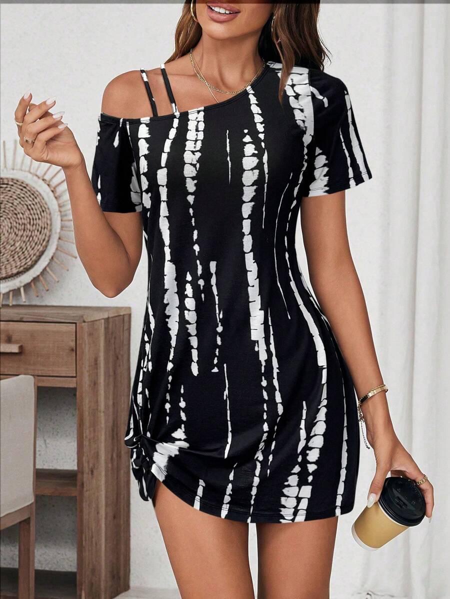 SHEIN LUNE 女士休闲扭结下摆短袖连衣裙，无袖基础款日常户外连衣裙，适合春夏穿着，休闲百搭 - 黑色 - 查看 1