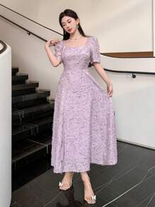 DAZY Women's Elegant Solid Color Textured Dress, Summer Prom Dress - Purple - View 3