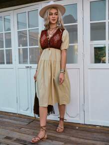 LanaWest Mid-Length Embroidered Patchwork Color Casual Vacation Dress - Apricot - View 3