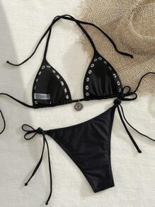 Swim EVENT New Women's Solid Color Eyelet Lace-Up Sexy Minimalist Beach Bikini Swimwear Set, Summer