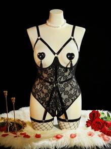 SpicyHot 5pcs/Set Plus Size Music Festival Lace Contrast Mesh Sexy Lingerie Set