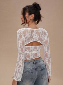 SHEIN BAE Women's Sexy Burgundy Lace Sheer Simple Blouse, Suitable For Date Night, Girlfriends Gathering, Birthday Party, Cocktail Party, Valentine's Day, Nightclub, Holiday Party - White - View 2