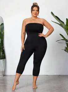 SHEIN CURVE+ Plus Size High Stretch Tight-Fitting Jumpsuit, Minimalist & Fashionable, Suitable For Summer - Black - View 6