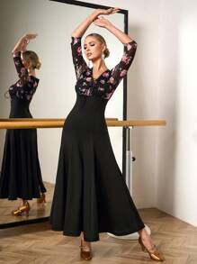 Dansine Women's Sexy Dance Dress With Large Floral Print, Mesh Patchwork And Extra-Wide Skirt