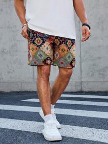 Manfinity Hypemode Pantaloncini casual da uomo adatti per l'uso quotidiano e perfetti per vacanze al mare, con un design bohémien in stile INS con motivi geometrici colorati e tessitura jacquard. Questi pantaloncini sono adatti per gite in spiaggia alle Hawaii, festival musicali e uso quotidiano.