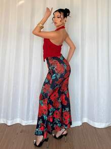 Chiquease 2pcs Set Women Floral 3D Decor Halter Neck Top And Floral Print Fish Tail Midi Skirt