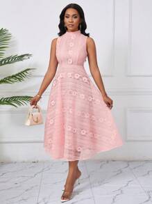 SHEIN Unity Đầm ren không tay cổ đứng dáng chữ A thanh lịch cho nữ - Hồng - Xem 4