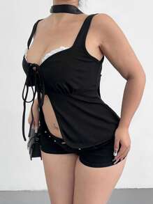 Flirla Camisole à col volant avec attache style gothique sombre grande taille