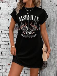 SHEIN LUNE Casual Loose Rock Music Festival Women's Round Neck Short Sleeve Dress, Suitable For Summer Chic Dress