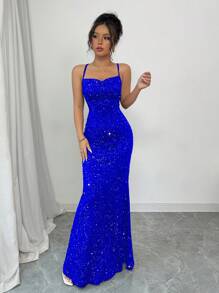 Elenzga Vestido de diseño de tirantes finos y vendaje con brillos para mujer, para fiesta - azul real - Ver 4