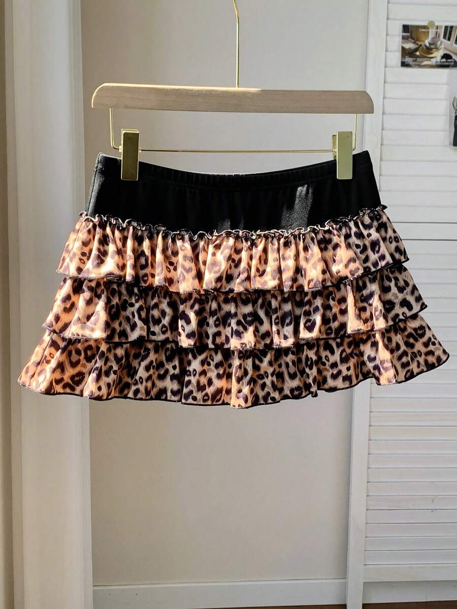 SHEIN EZwear Women's Leopard Print Ruffle Hem Skirt, Fashion For Summer