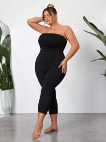 SHEIN CURVE+ Plus Size High Stretch Tight-Fitting Jumpsuit, Minimalist & Fashionable, Suitable For Summer - Black - View 5
