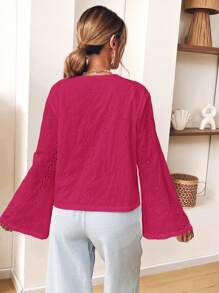 SHEIN VCAY 休闲纯色编织宽松女式衬衫，前部系带 - 玫紅色 - 查看 2