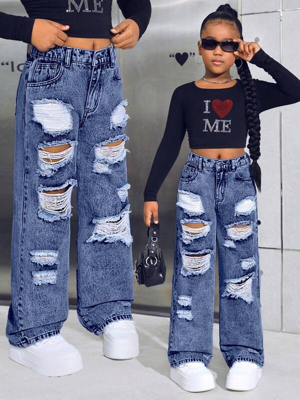 SHEIN Jeans rectos anchos rasgados de estilo callejero lavados a piedra para niña preadolescente, otoño